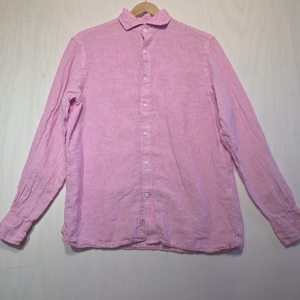 Cremieux Men's Medium Pink 100% Linen Button Front Long Sleeve Shirt Casual